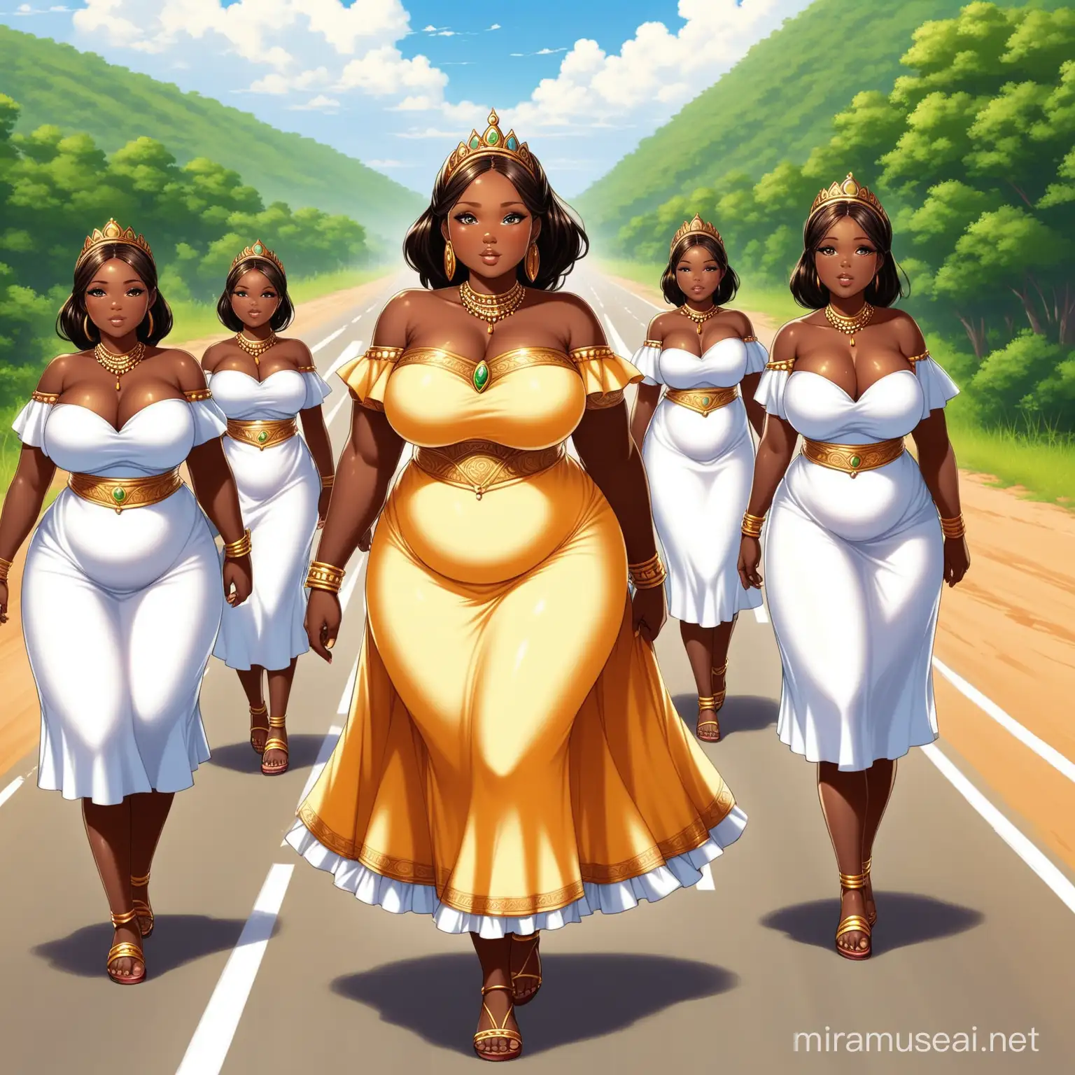 Beautiful chubby African princess and her admiring maids on the road as she walks by