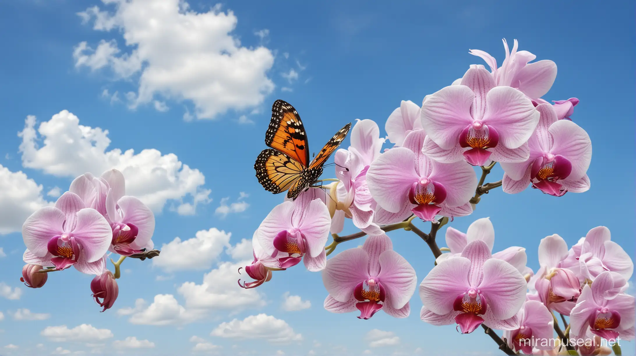 Vibrant Butterfly Fluttering Among Orchids under a Clear Blue Sky