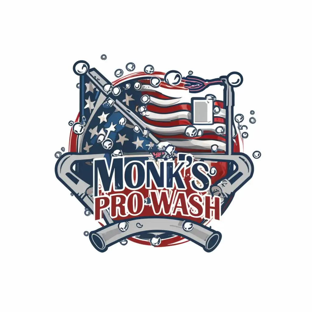 a logo design, with the text 'Monk’s Pro-Wash', main symbol: American flag, pressure washing, bubbles, Moderate, clear background