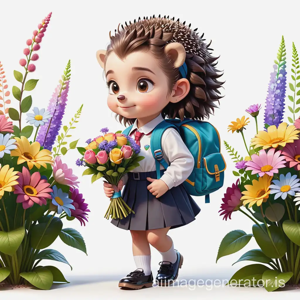little cute hedgehog girl in school uniform, going to school, with a backpack on her shoulders, holding a bouquet, outlined against flowers, white background