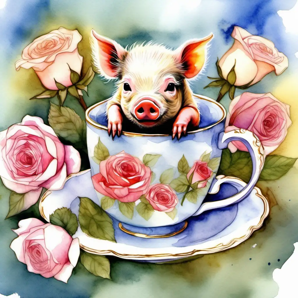 Picture a delightful scene where a tiny miniature pig relaxes in a teacup, adorned with the beauty of blooming roses. The watercolor strokes should capture the elegance and sweetness of the piglet amidst the soft petals.