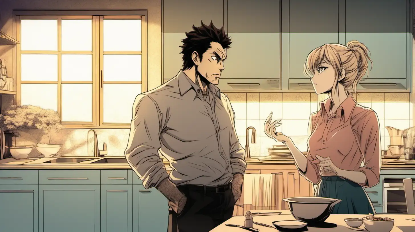 in anime style, an image of successful woman and her husband having a serious discussion in the kitchen of  their beautiful suburban home