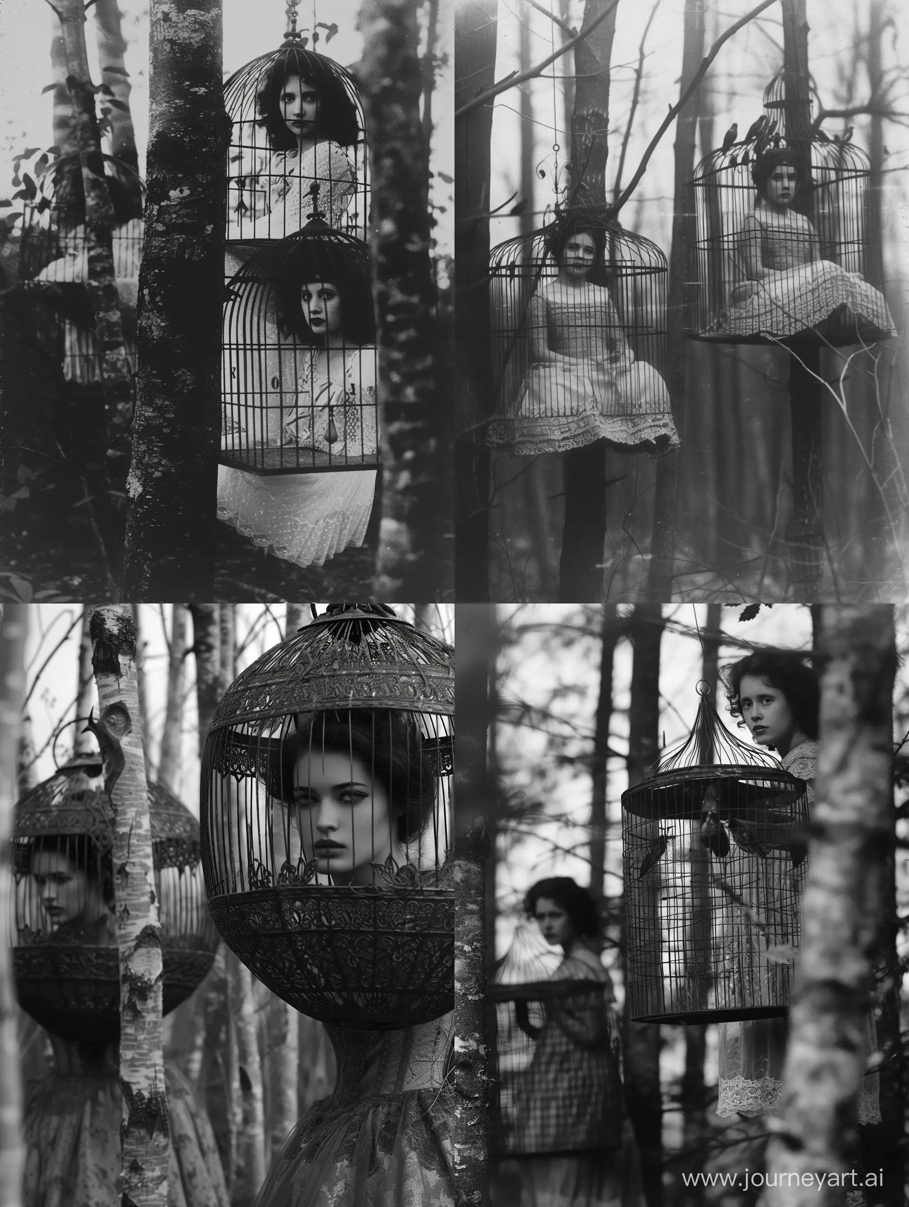 Enchanting-Women-in-Vintage-Dresses-within-Antique-Bird-Cages-A-Dark-Folk-Horror-Ritual