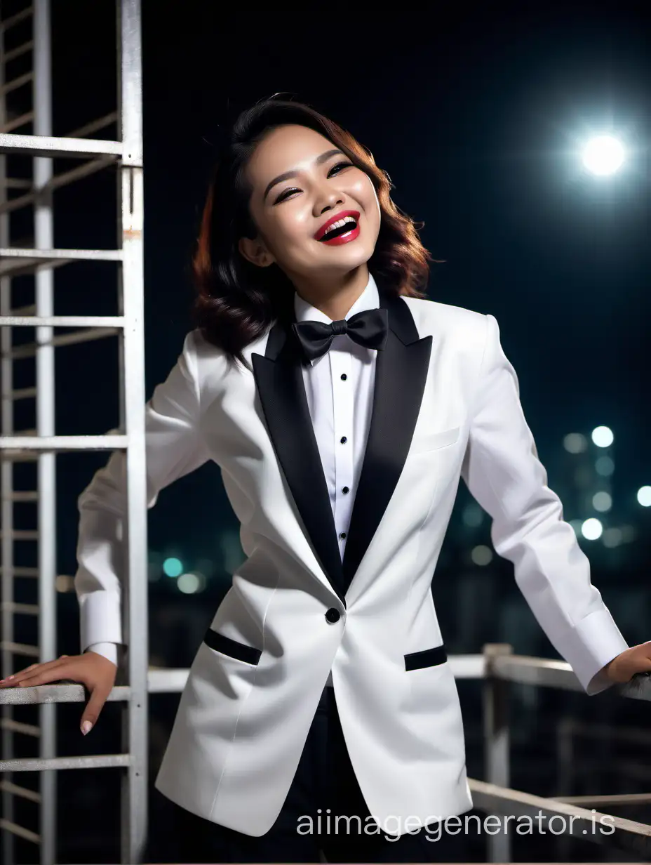 Sophisticated-Indonesian-Woman-in-White-Tuxedo-Laughing-at-Night