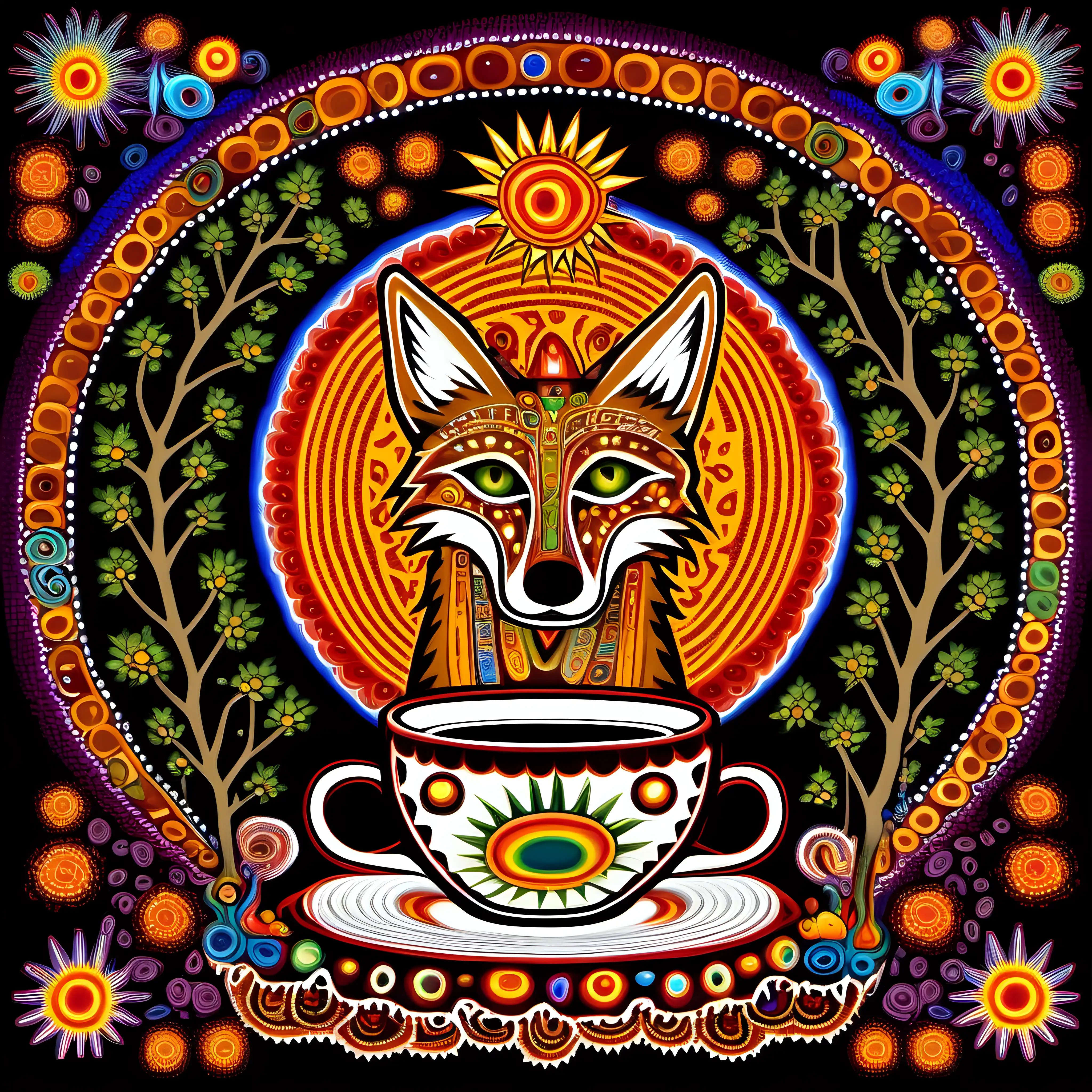 Astral Journey of a CoffeeLoving Coyote in Huichol Art