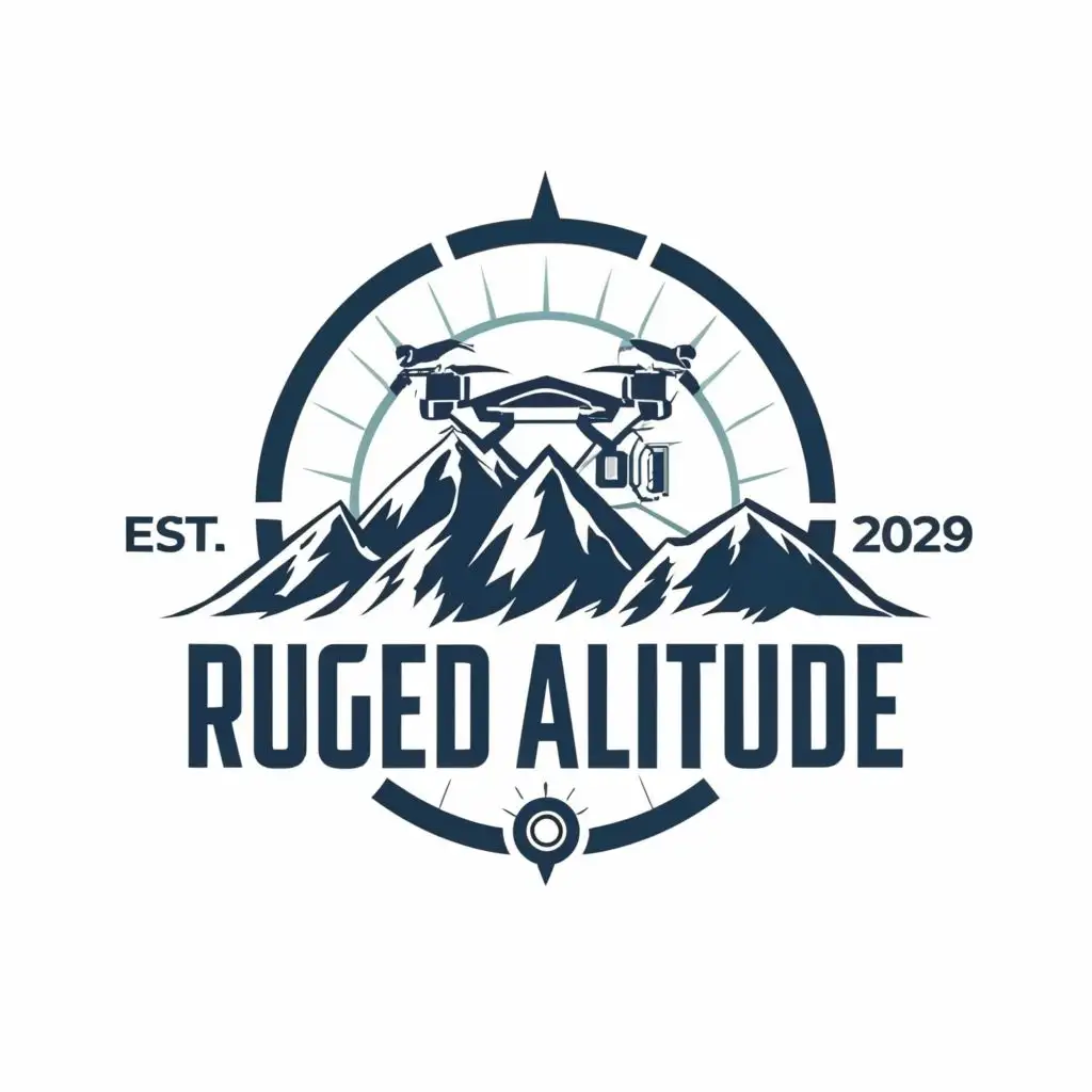 logo, no background, Drone, Compass, Mountain, topography, with the text "Rugged Altitude", typography