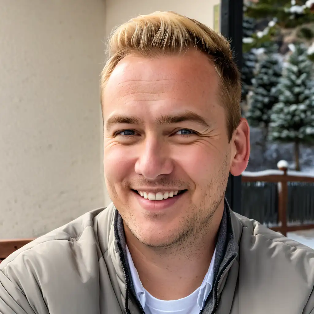 Show this person with blond hair, slightly overweight, with a slight smile.  He is outside wearing a coat in the wintertime, sitting on a park bench with snow-covered pine trees and mountains in the background.