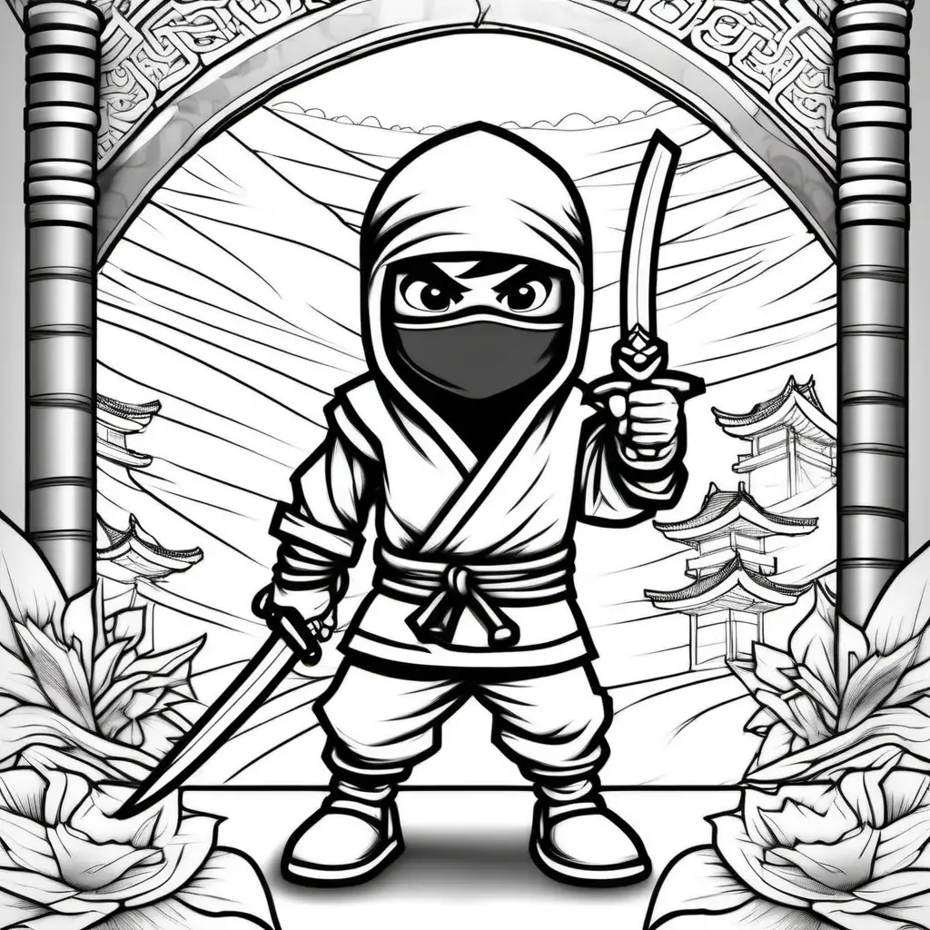 <ninja> kids colouring page, clean line art, dojo background