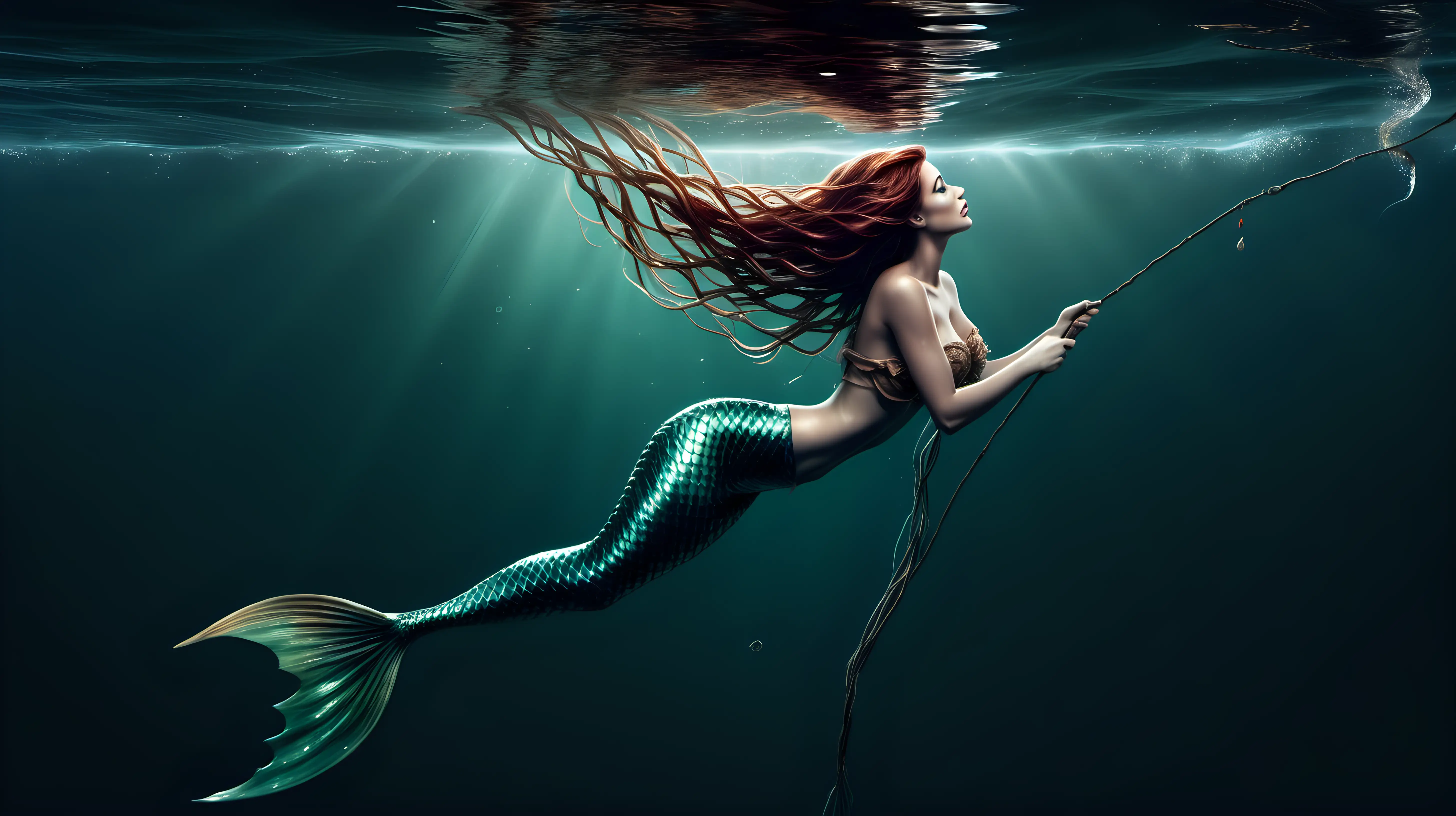 
mermaid half out of water.  you can be seen  that she is tangle up in fishing line struggling to get out.  you can see her body below the water line and he upper half above the water