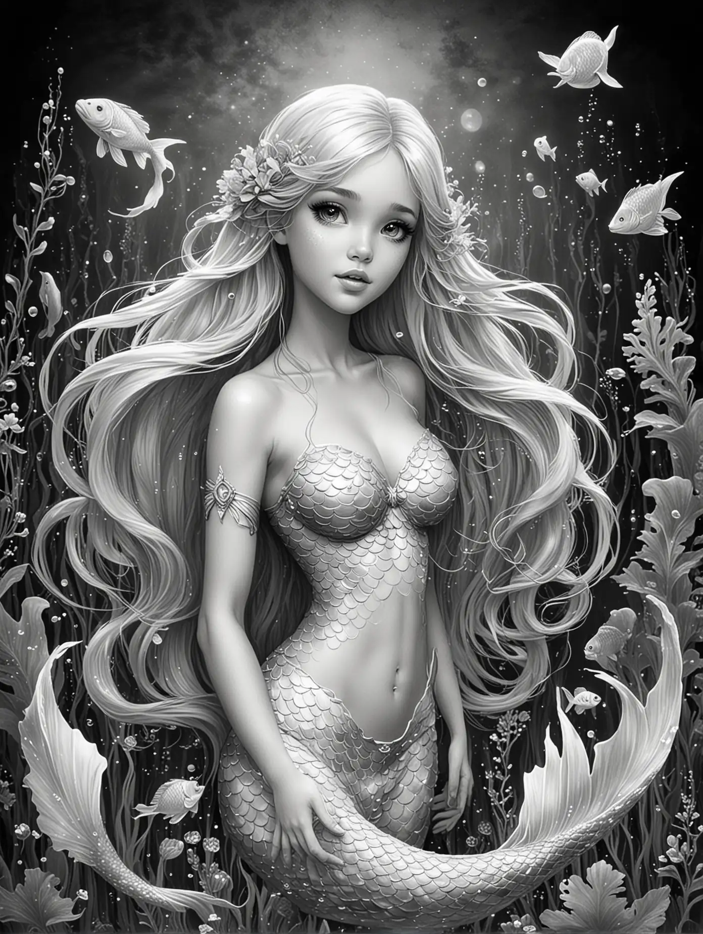 Cute Fantasy Mermaid Black and White Illustration of a Whimsical Underwater Creature