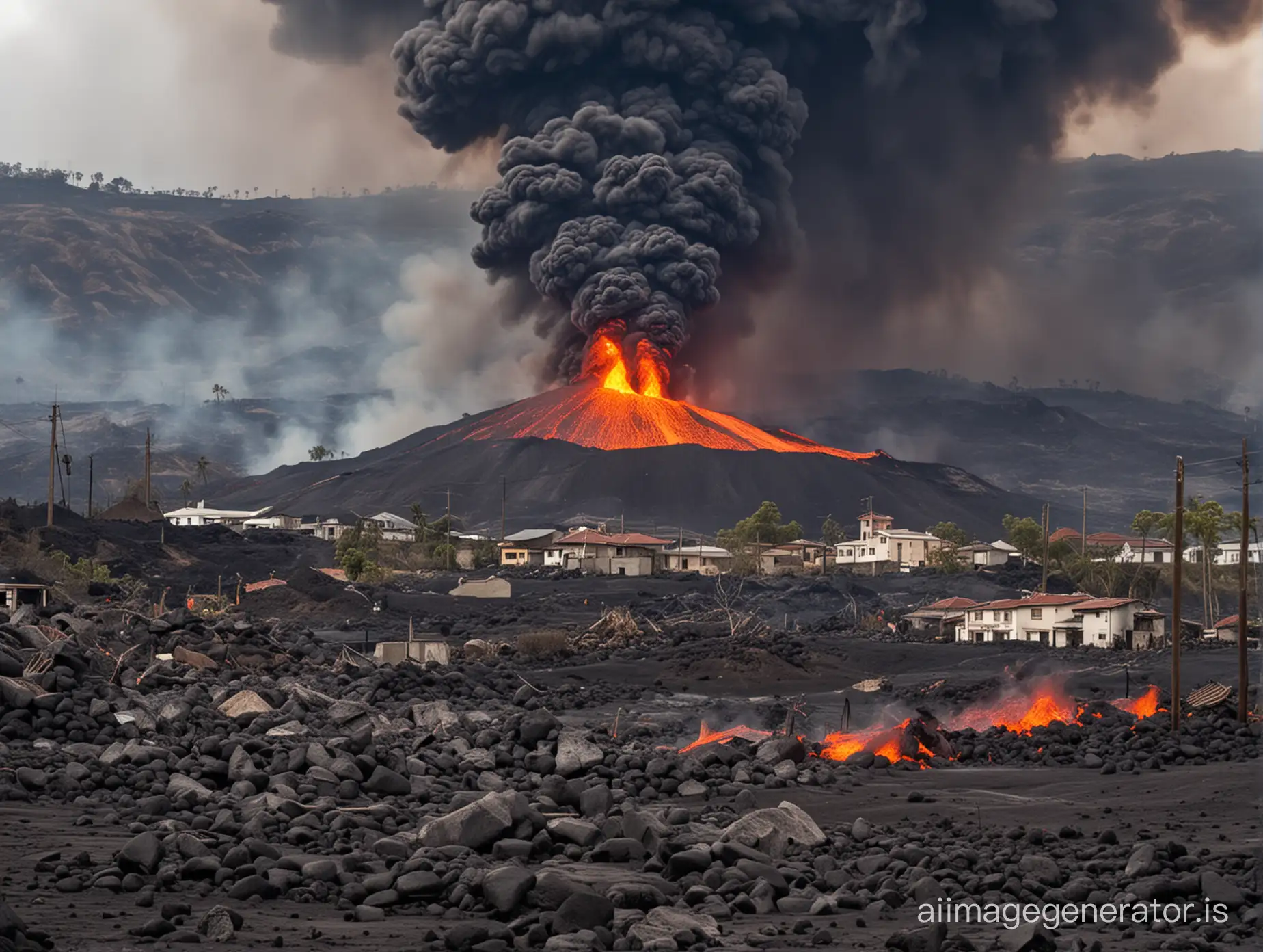 Volcan dans un village englouti par la lave et les cendres