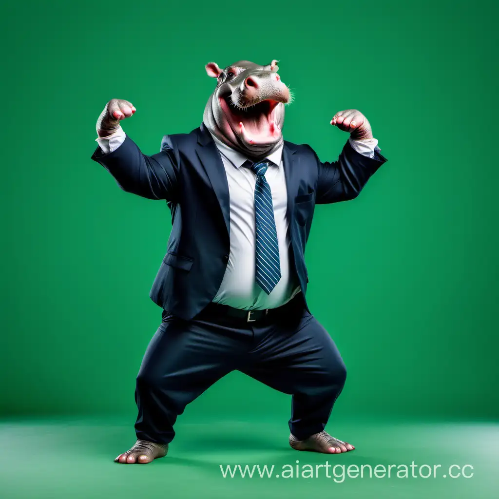 веселый бегемот в костюме бизнесмена танцует на зеленом фоне