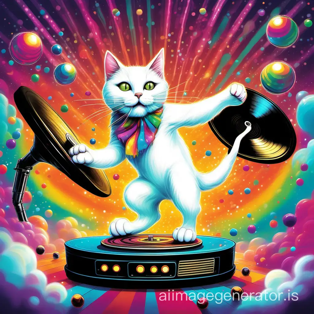 A cheerful white cat skateboarding on the surface of a huge gramophone record. colorful garlands and disco balls hang around it. detailed psychedelic atmosphere conveying unrestrained fun, reflections of multicolored lights, light clouds of painted translucent smoke