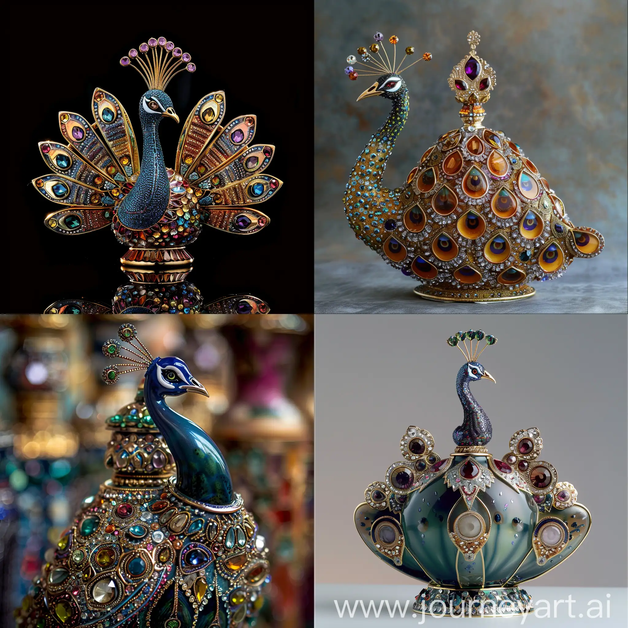 古代沙地阿拉伯，模仿阿拉丁年代风格，镶宝石，镶亮片的传统手工制作香水瓶孔雀造型