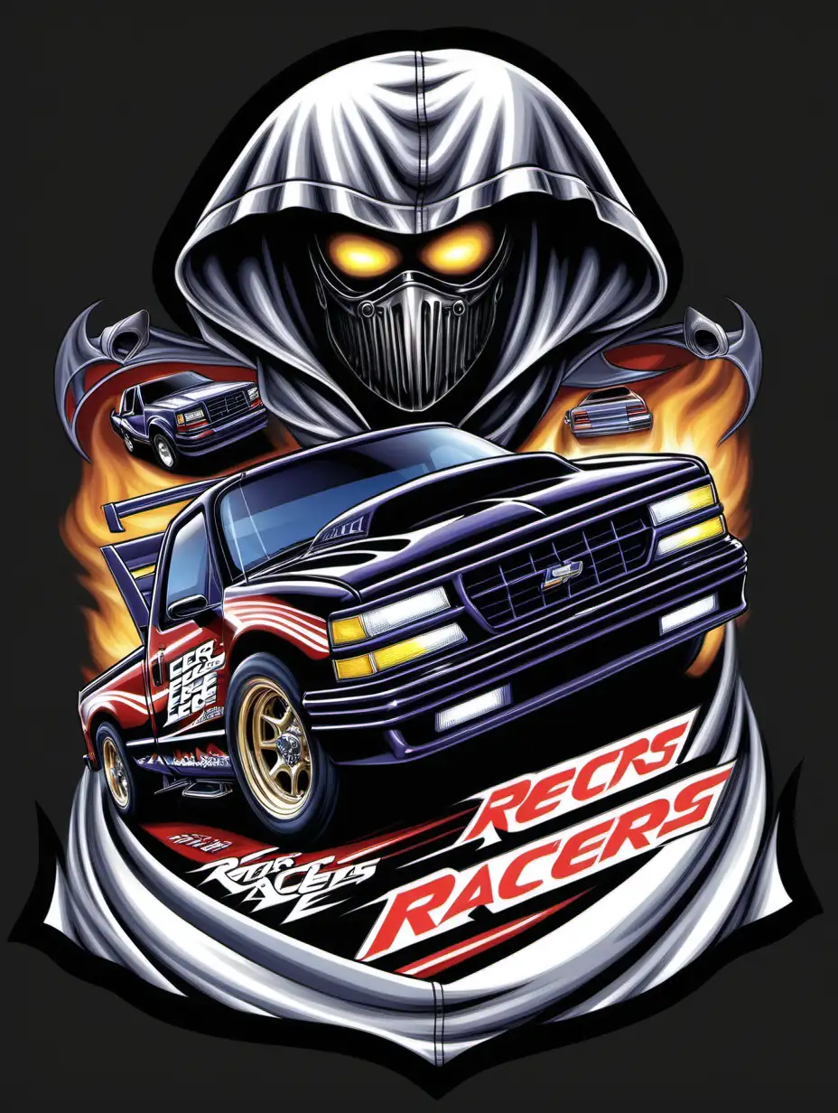 Racers Edge Fiberglass Composites shirt design with a 1989 S-10 Sonoma syclone illustration with a Cowl Hood with drag strip lights elements 