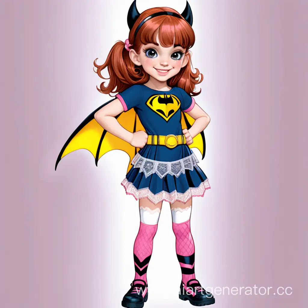 very cute petite dc comics super hero girl tween bat girl auburn hair skirt with pink lace and knee socks full body smiling holding a batarang