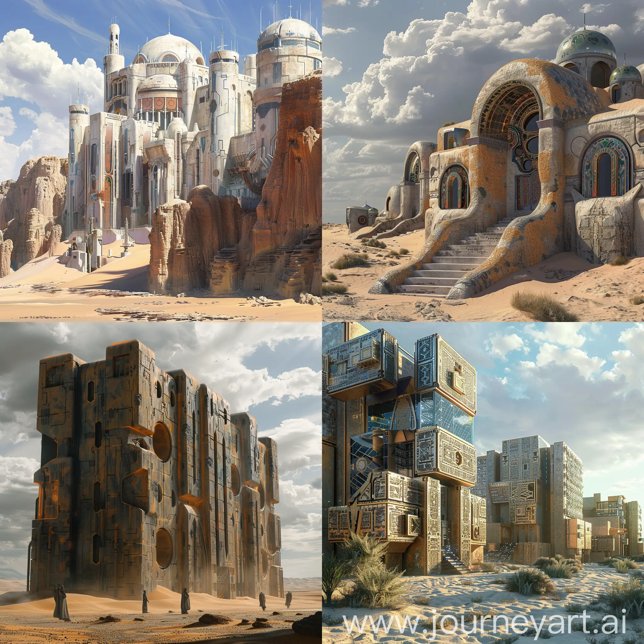 Sci fi buildings in the desert from the outside inspired by Silk Road architecture. Buildings must be squared