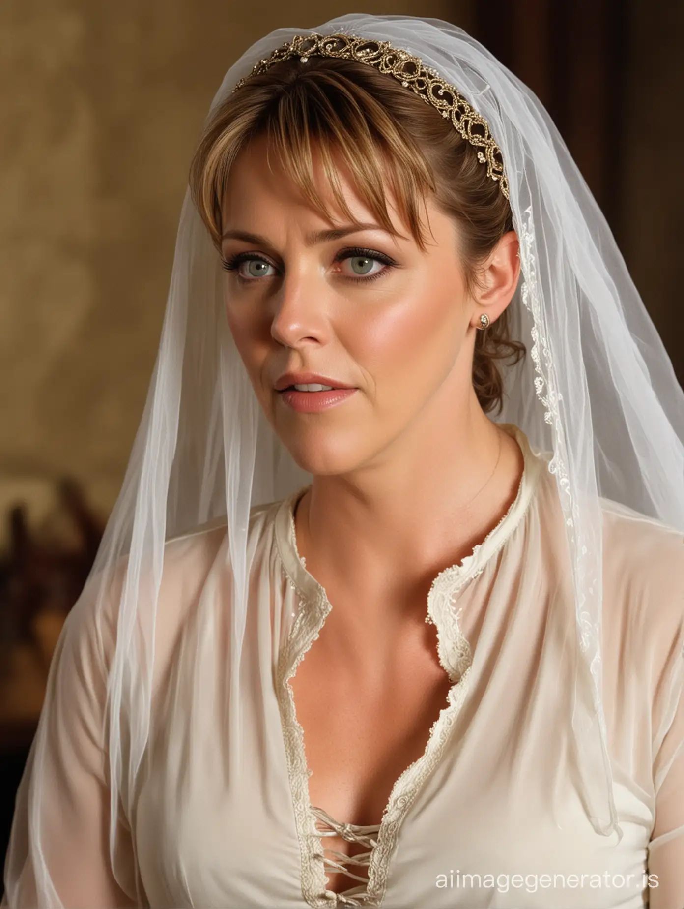 amanda tapping as major samantha carter hypnotized , dressed and veiled as a medieval compliant demure and submissive wife