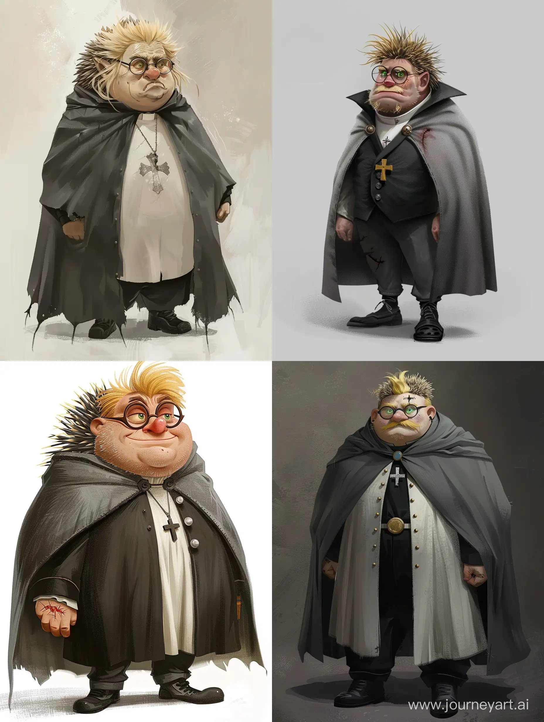 He is tall and blond and has rough features: a big nose, a rounded face. There is a scar on his face, on the left side. Cheeks are always covered with light stubble. He always has green eyes. The hair is blond. They themselves appear in the form of a hedgehog. Over a black or white cassock, he has a gray cloak. He is wearing black pants, black shoes, round glasses on his nose, and a Catholic cross glitters on his chest.
