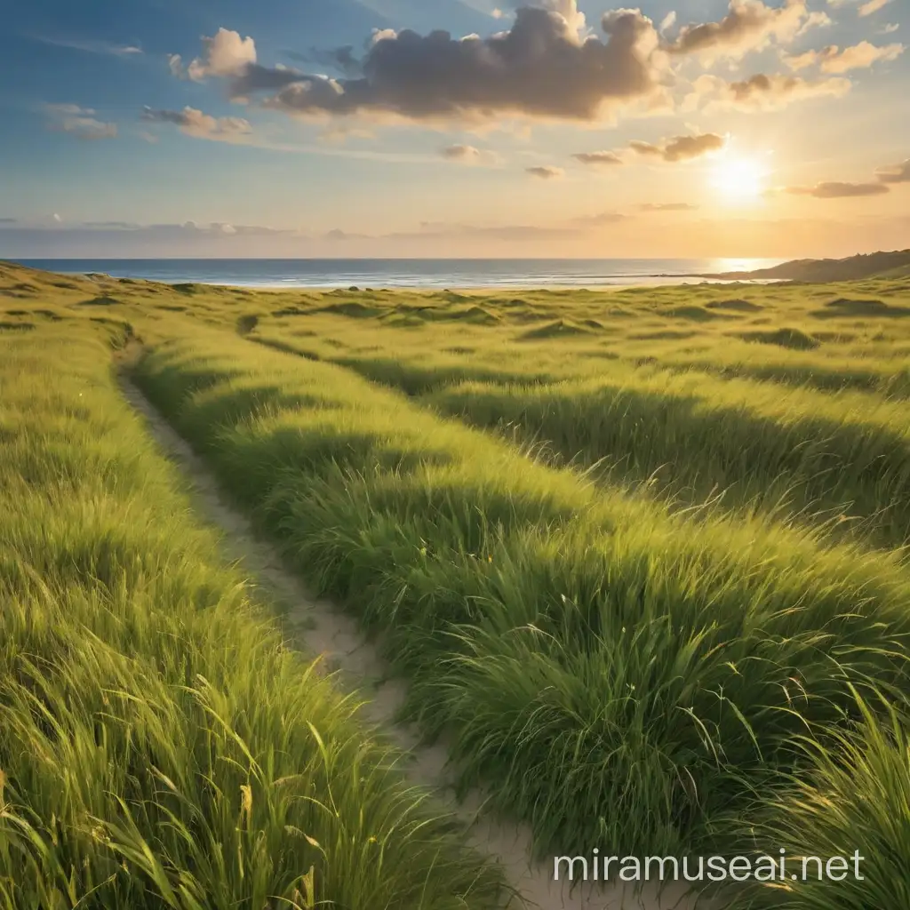 Tranquil Seaside Meadow with Lush Green Grass