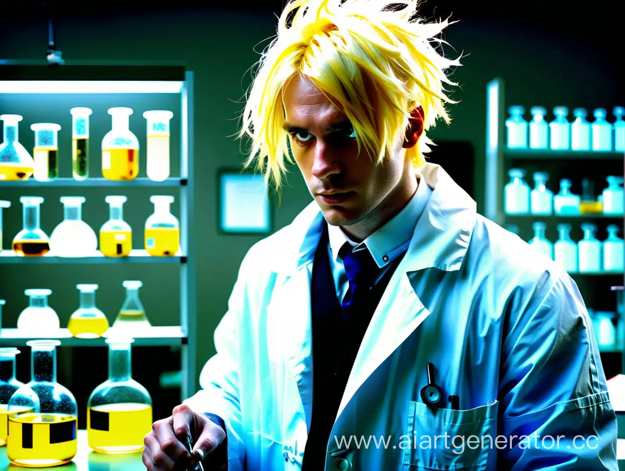 Prompt: The 30-year-old European guy, with asymmetrical yellow hair, a scientist in a white medical coat, is destroying the laboratory.


