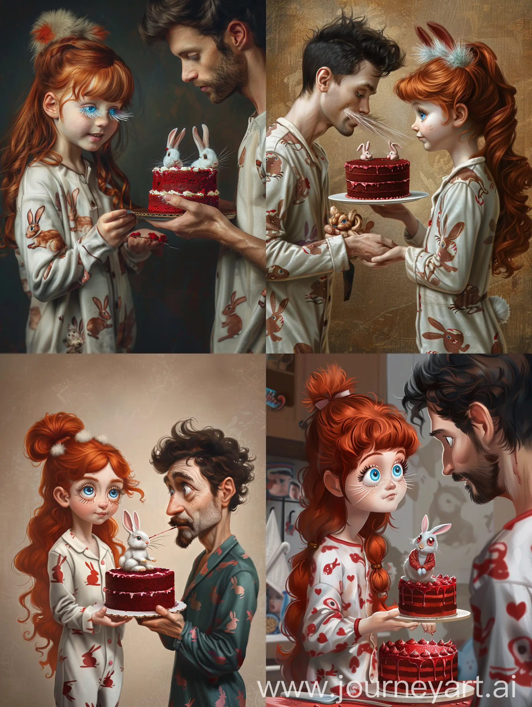 RedHaired-Girl-in-Rabbit-Pajamas-Presents-Festive-Cake-to-DarkHaired-Man