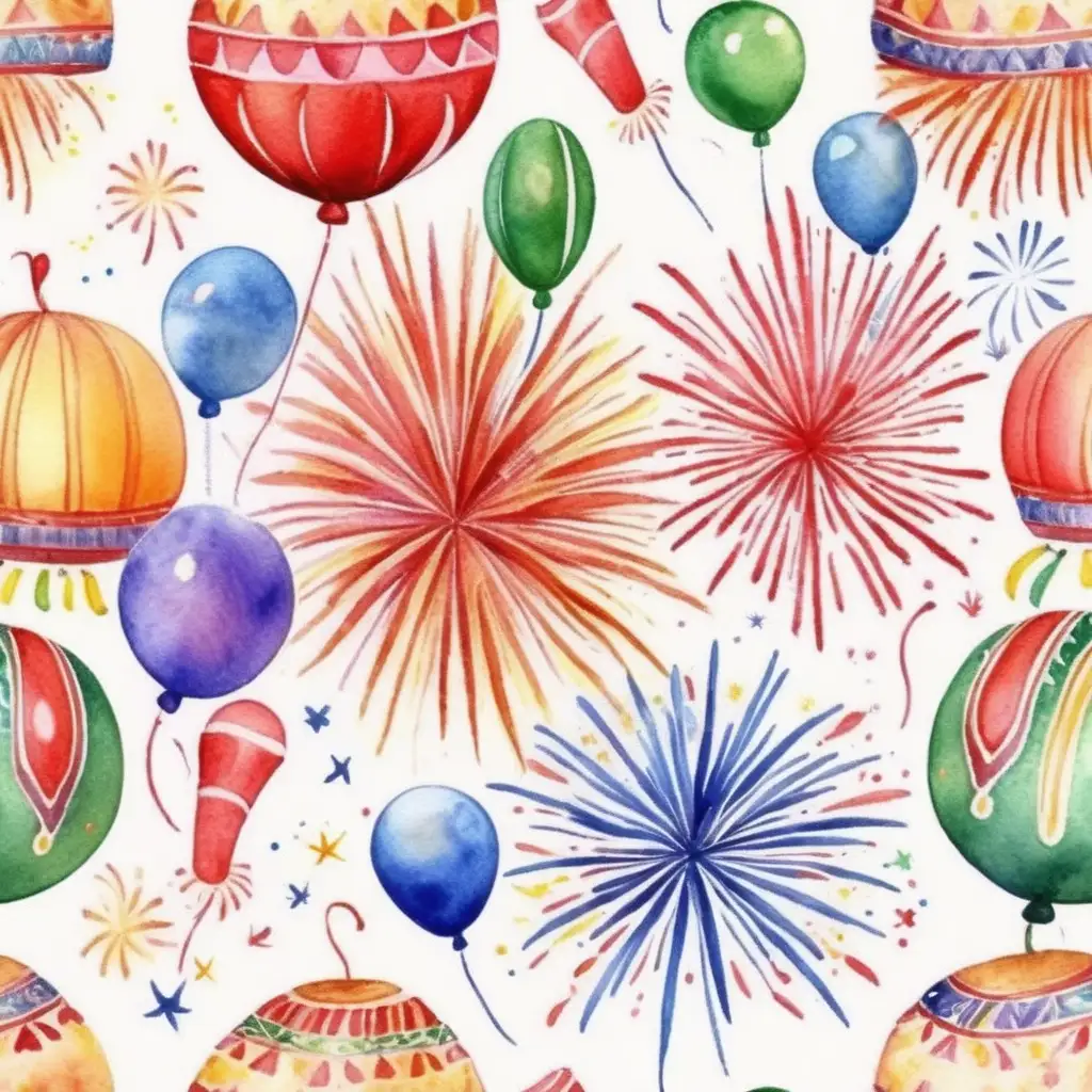 Vibrant Mexican Fireworks Celebration in Watercolor Cartoon Style