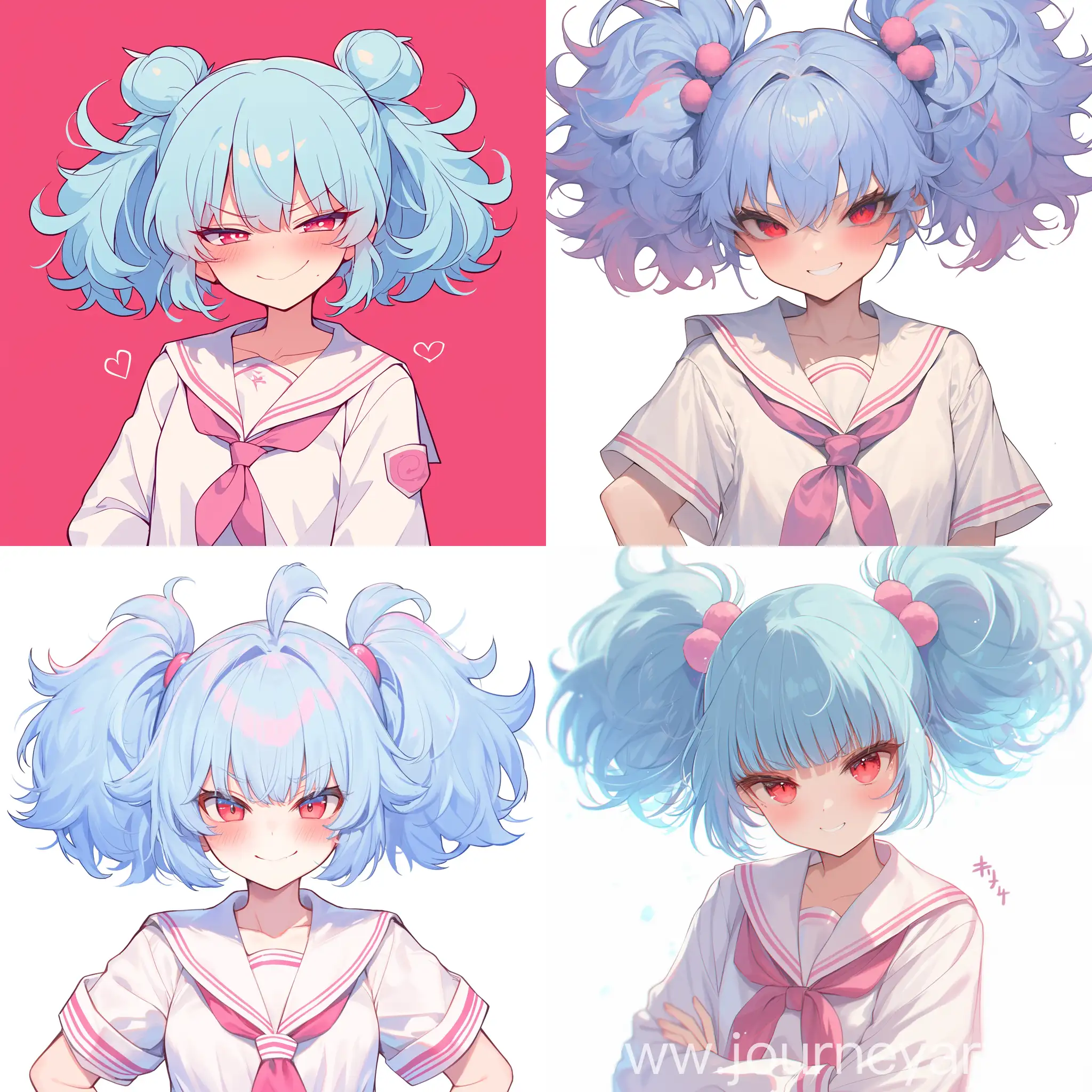 cute girl with ice blue fluffy hair and two fluffy pigtails, bright red eyes, smug face, smirking, white sailor suit with pink accents --s 180 --niji 6