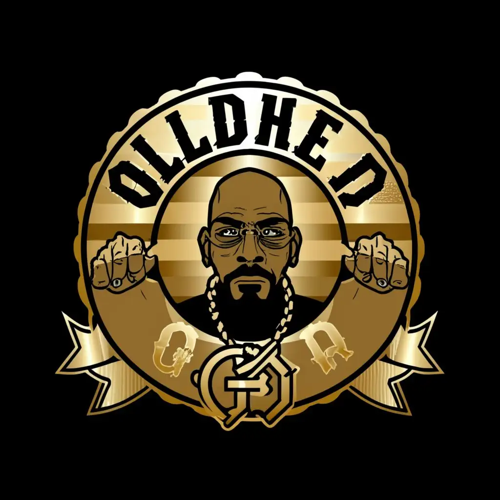 a logo design,with the text "OldHead_GP", main symbol:A balding old black man’s head, with a goatee, wearing a gold cuban link within a big gold circle. Wu tang inspired,Moderate,be used in Entertainment industry,clear background