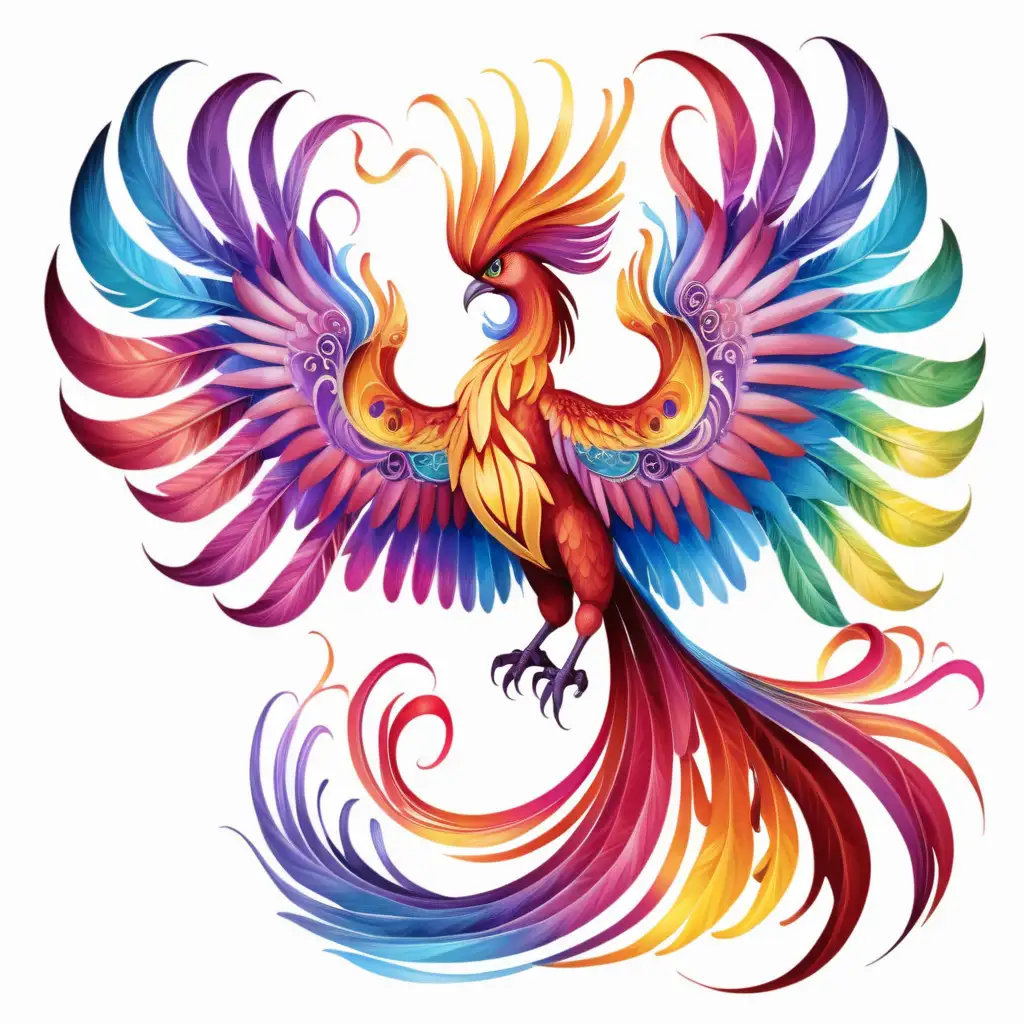 majestic, multicolor phoenix, on white background