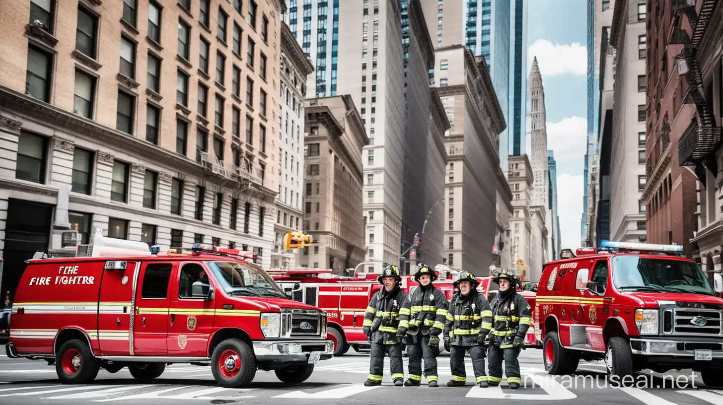 Urban Scene New York City Buildings with Firefighters and Van