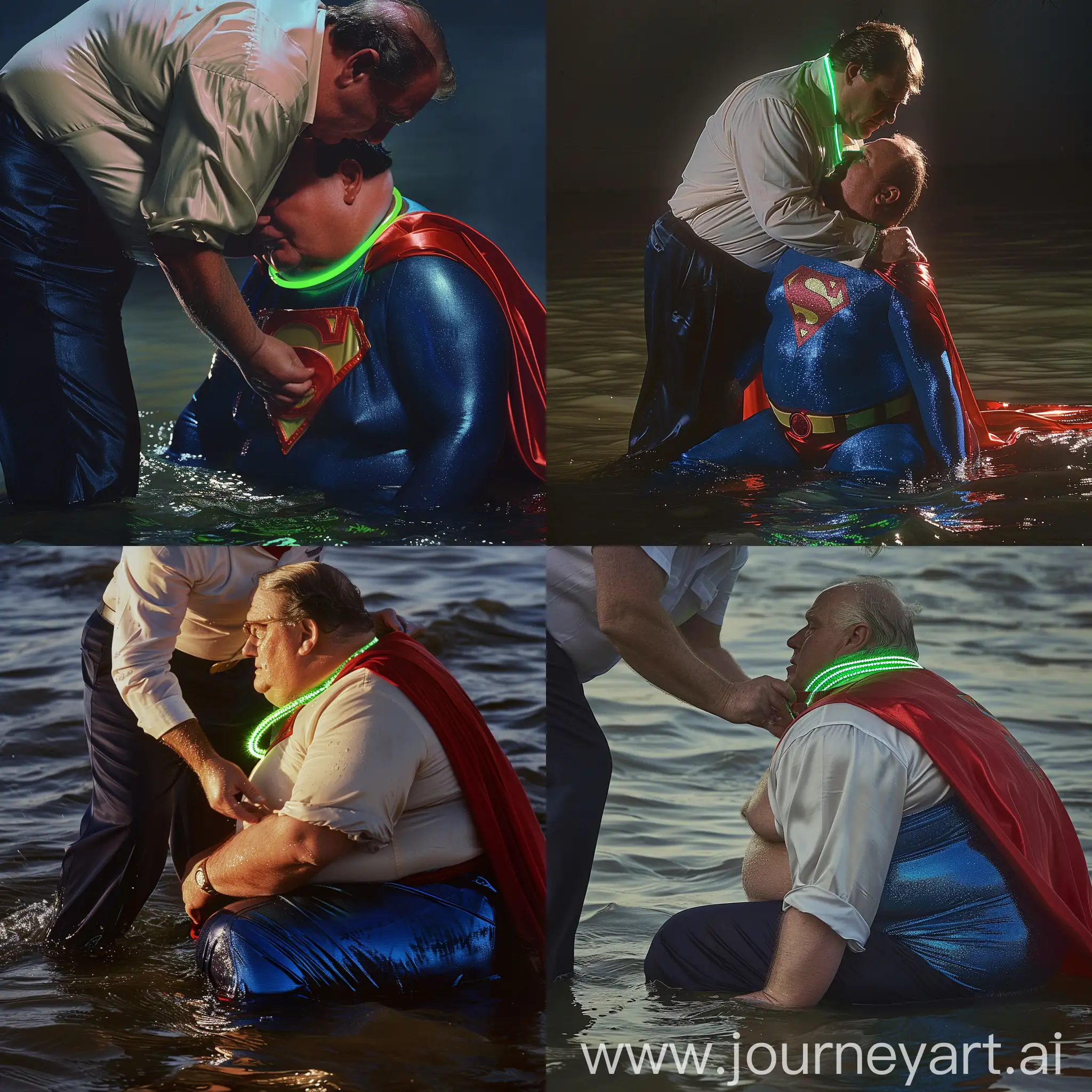 Close-up photo of a fat man aged 60 wearing silk navy business pants and a white shirt. Bending and putting a tight green glowing neon dog collar on the nape of a fat man aged 60 wearing a tight blue 1978 superman costume with a red cape sitting in the water. River.