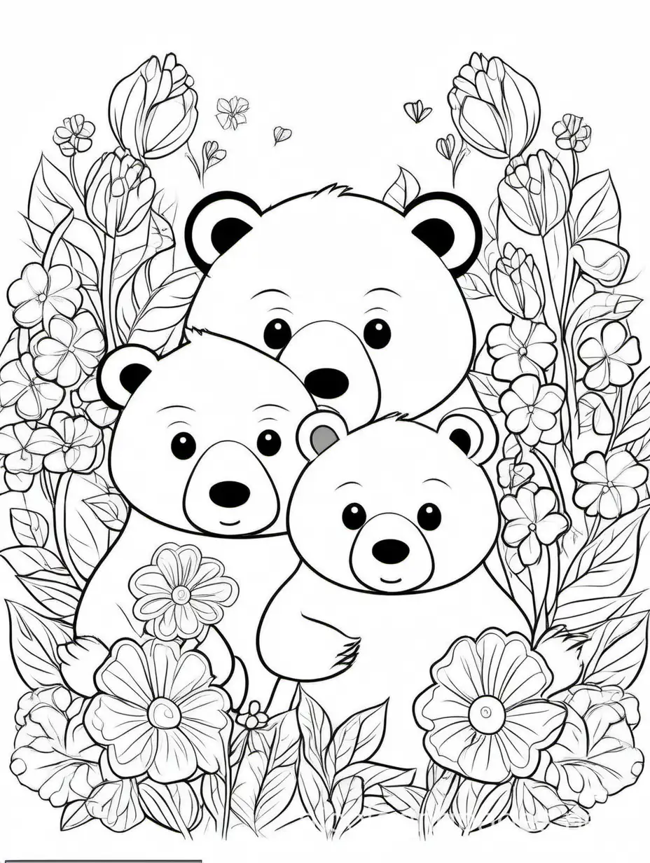 In background of flowers ,a cute mom and baby bear,face portrait., Coloring Page, black and white, line art, white background, Simplicity, Ample White Space. The background of the coloring page is plain white to make it easy for young children to color within the lines. The outlines of all the subjects are easy to distinguish, making it simple for kids to color without too much difficulty
