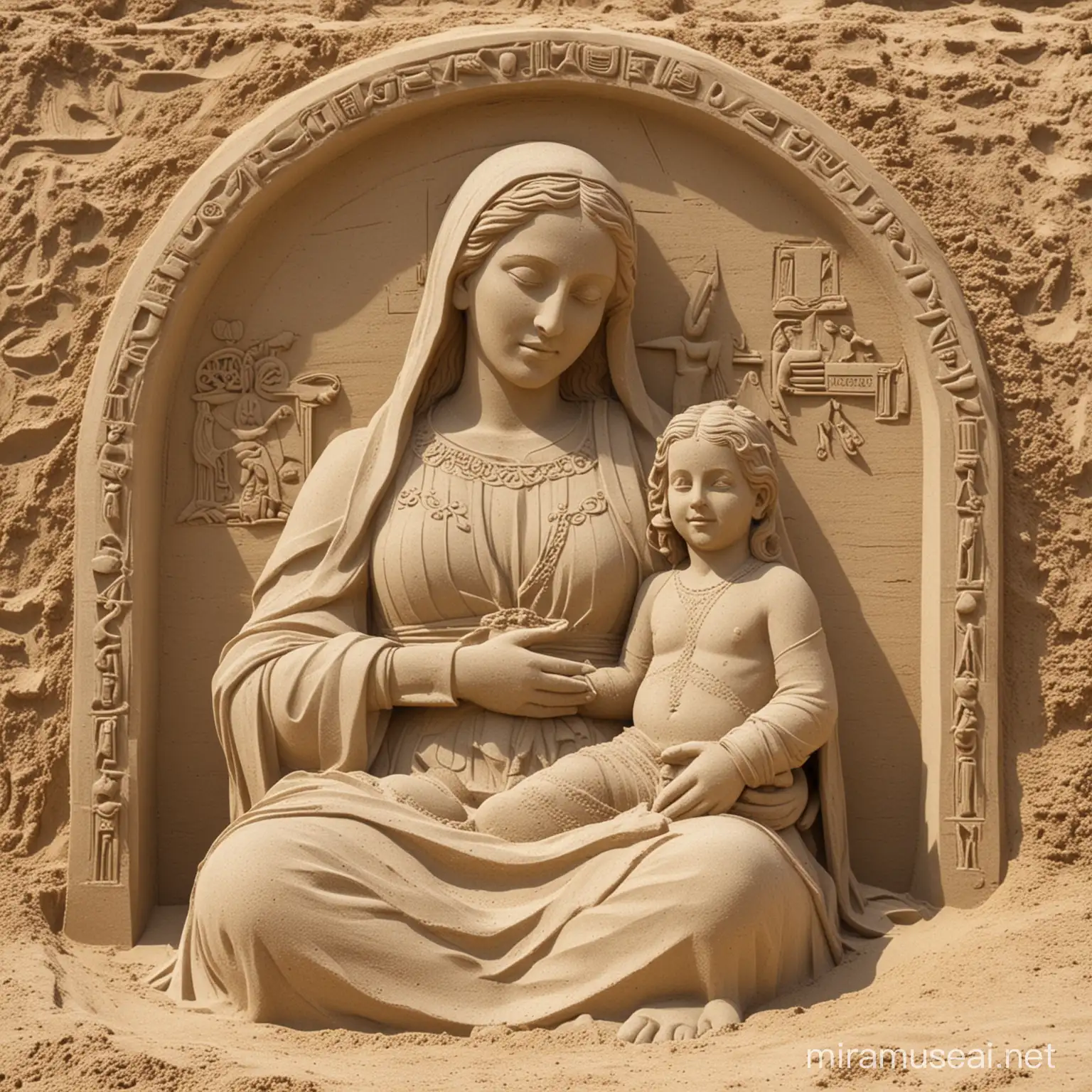scultura di sabbia raffigurante madonna con bambino