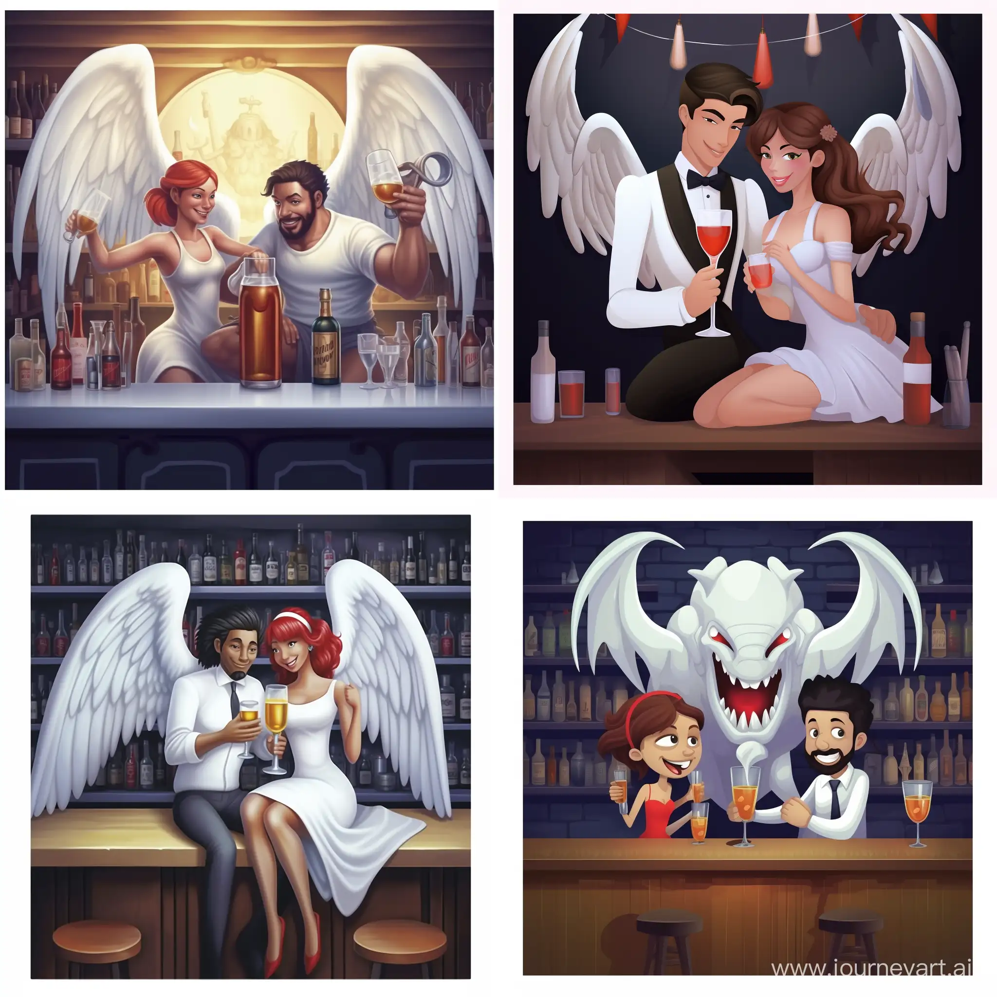 Ангел и демон в баре , ангел крыльями и нимбом, демон, веселье, выпивки, бар, бармен, ангел с белыми крыльями 