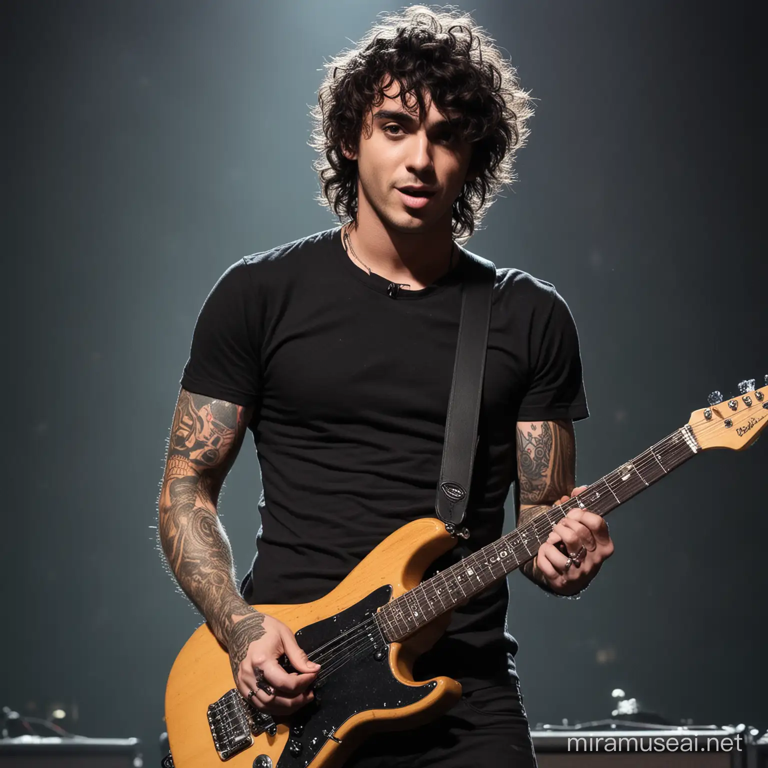 Generate an image of a front man of a rock band, he looks like a combination of Taylor York and Oli Sykes, he has dark curly hair, he is muscular but lean, he plays guitar, he is on stage,