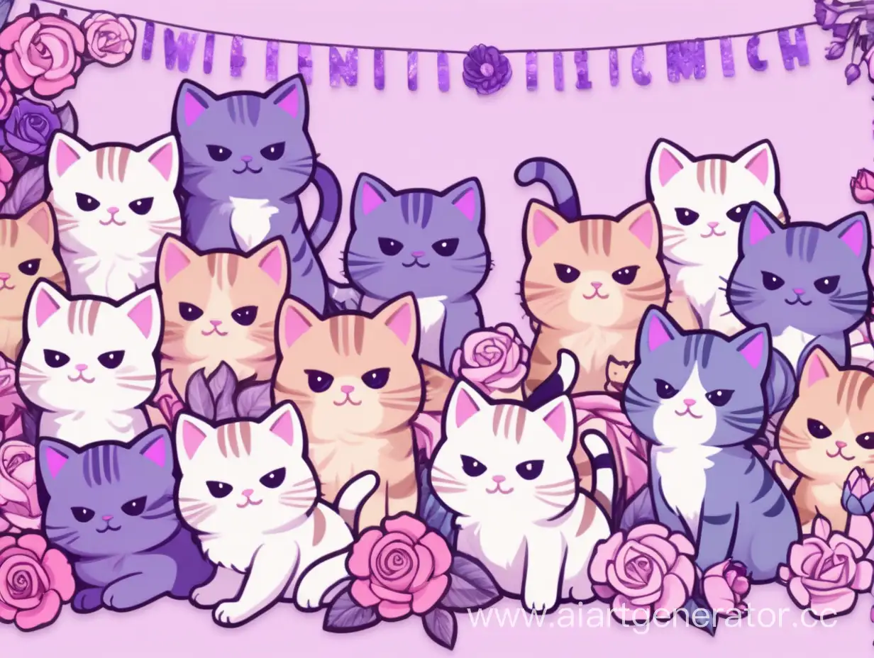 баннер для твича, где много мультяшных котиков, цветочков и гирлянд. Это все в розо-фиолетовых тонах . 