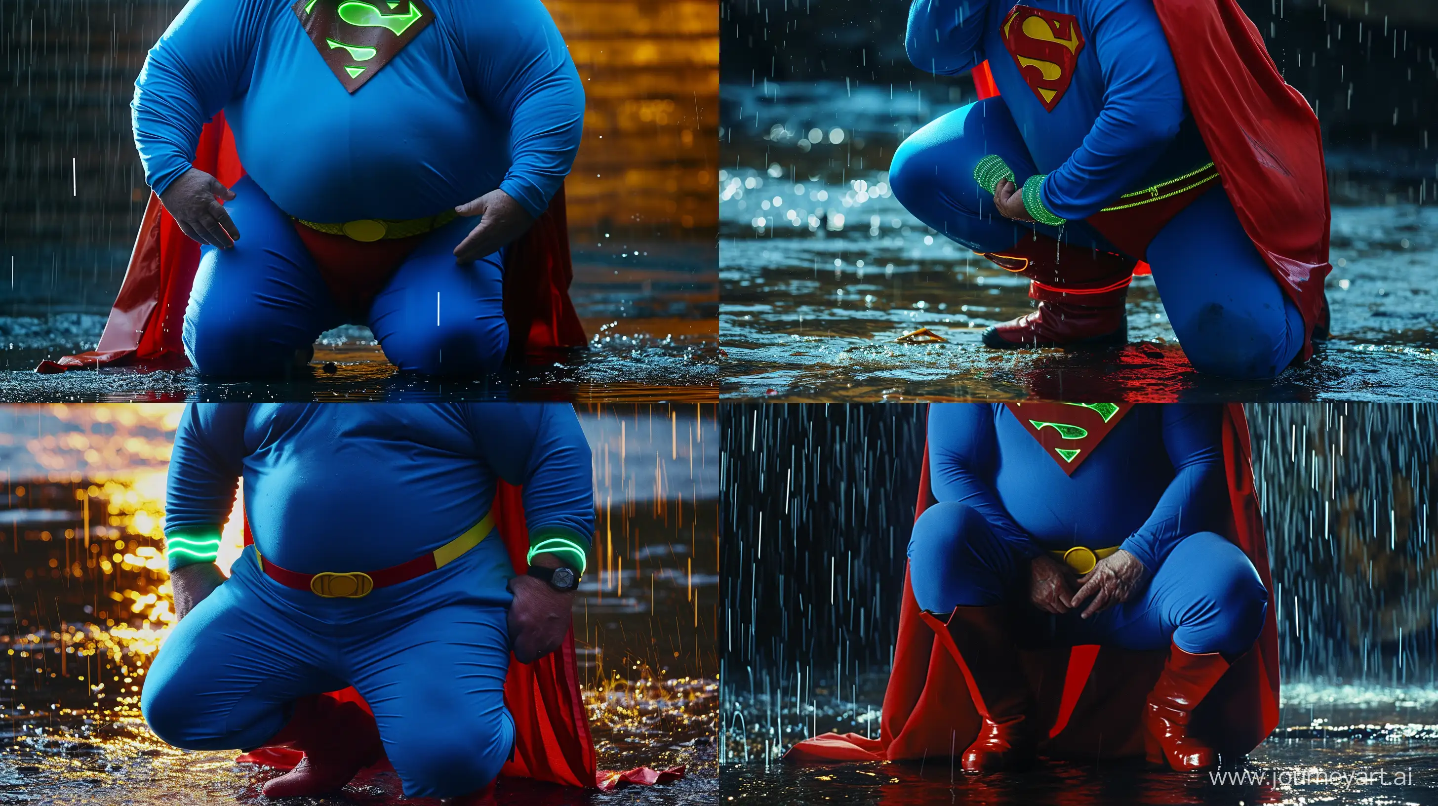 Close-up photo of a fat man aged 60 wearing a tight blue 1978 smooth superman costume with a red cape and tight green glowing neon gag kneeling in the rain. Blue shirt. Blue pants. Red boots. Red Trunks. Yellow Belt. Natural Light. River. --style raw --ar 16:9