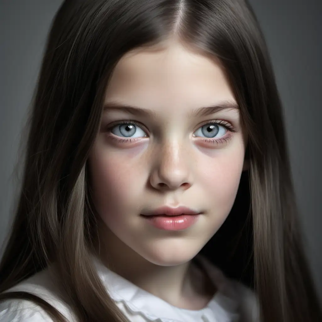 Create a russian girl, grey eyes, straight hair, fresh look, potrait, 8k, 8 years old, liv tyler look alike