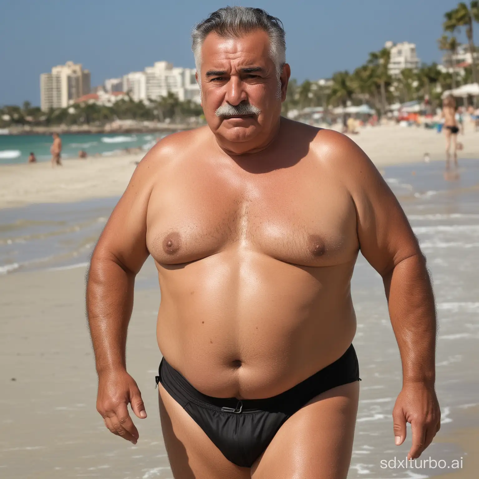 fat chubby older mexican older man short hair shaved face huge hairy pecs manboobs vicente fernandez speedos beach sad expression walking