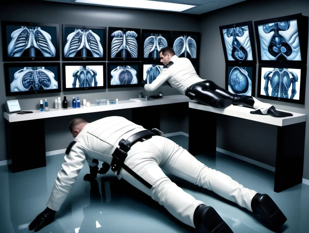 (Homoerotic) Background = futuristic high tech medical research laboratory with full wall monitors showing human bodies and brains. In the middle of the room a man is laying on his stomach on a medical exam table and is wearing a skin tight white rubber suit. Standing on each side of him are a 2 very handsome police motorcycle officers,  each wearing a skin tight black rubber uniform, tight black leather police motorcycle boots and skin tight leather police motorcycle jacket look down on the man preparing to turn him examine him, highly detailed, epic reality, photo realistic, 8k resolution