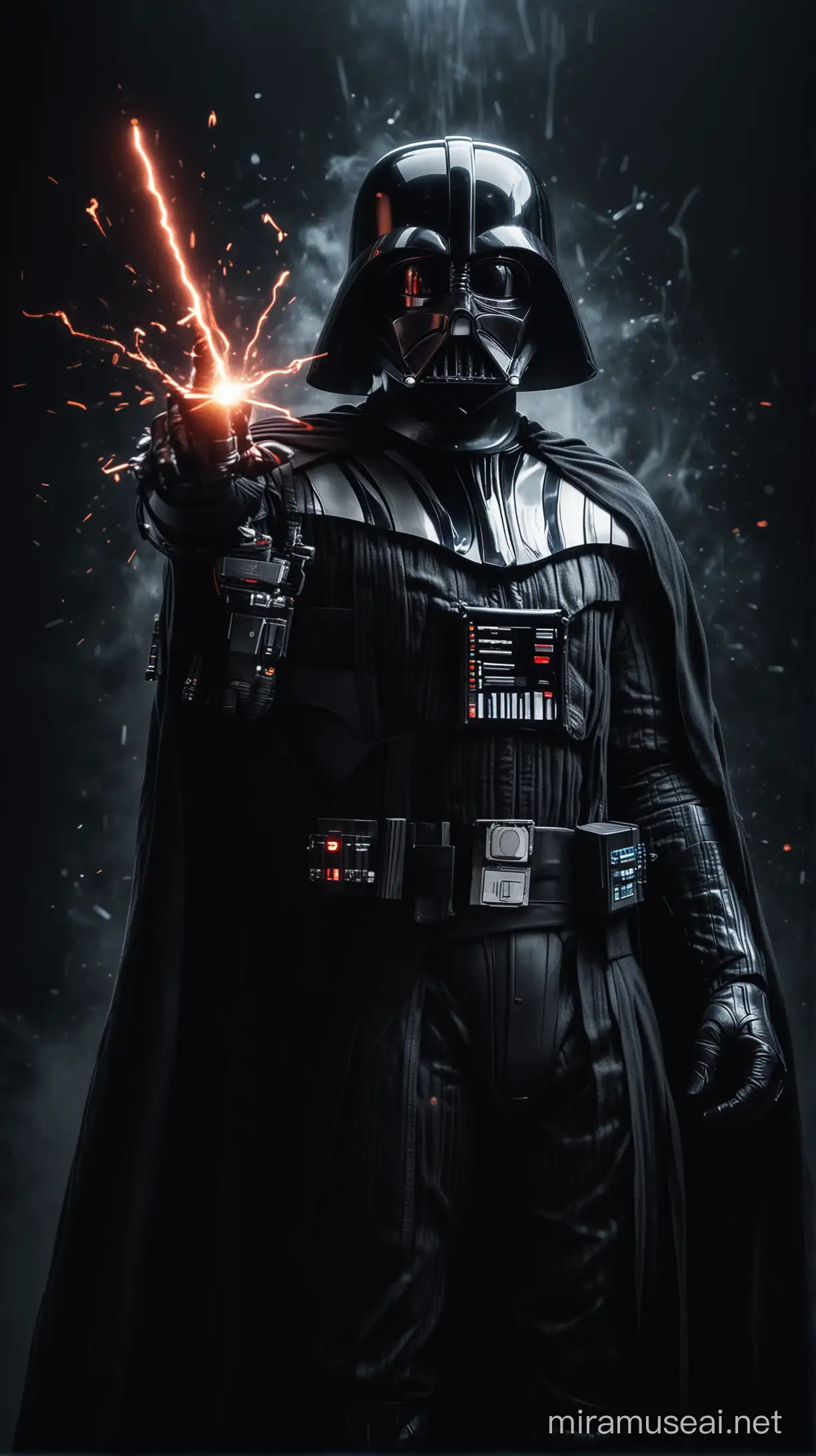 A cool photo of darth vader, he using powers, dark theme 