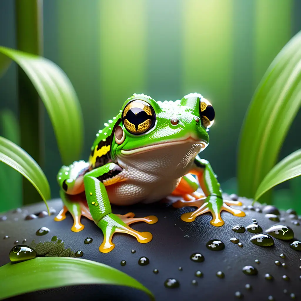 Kawaii stil, Illustration: 
Japanischer Laubfrosch 
Ein kleiner, grüner Frosch mit goldfarbenen Augen, der in feuchten Wäldern und Sümpfen lebt. .illustration, kawaii stil