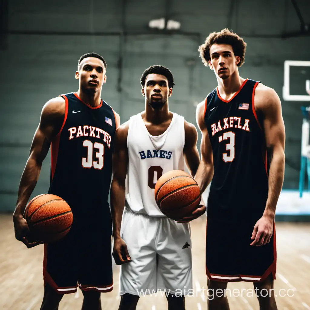 два черных баскетболиста и один белый баскетболист между ними
