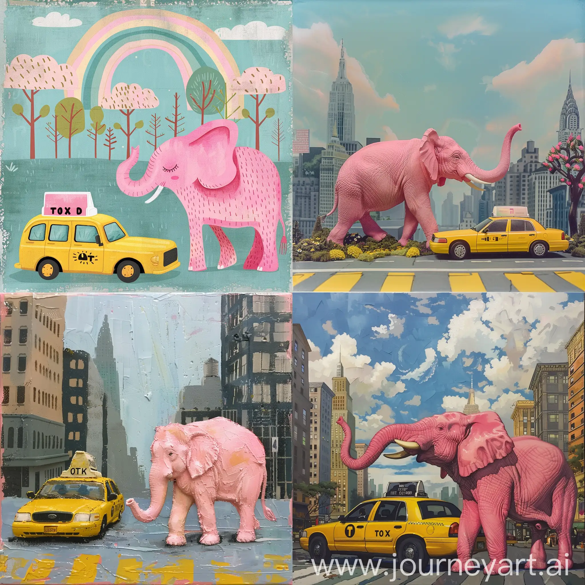 Vibrant-Pink-Elephant-and-Yellow-Taxi-in-Urban-Landscape