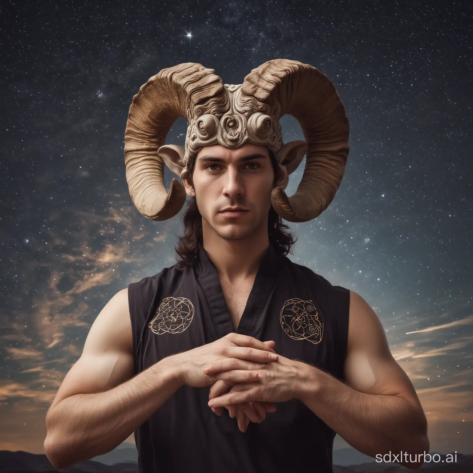 Take a photograph of a man who embodies the sign of the zodiac Aries