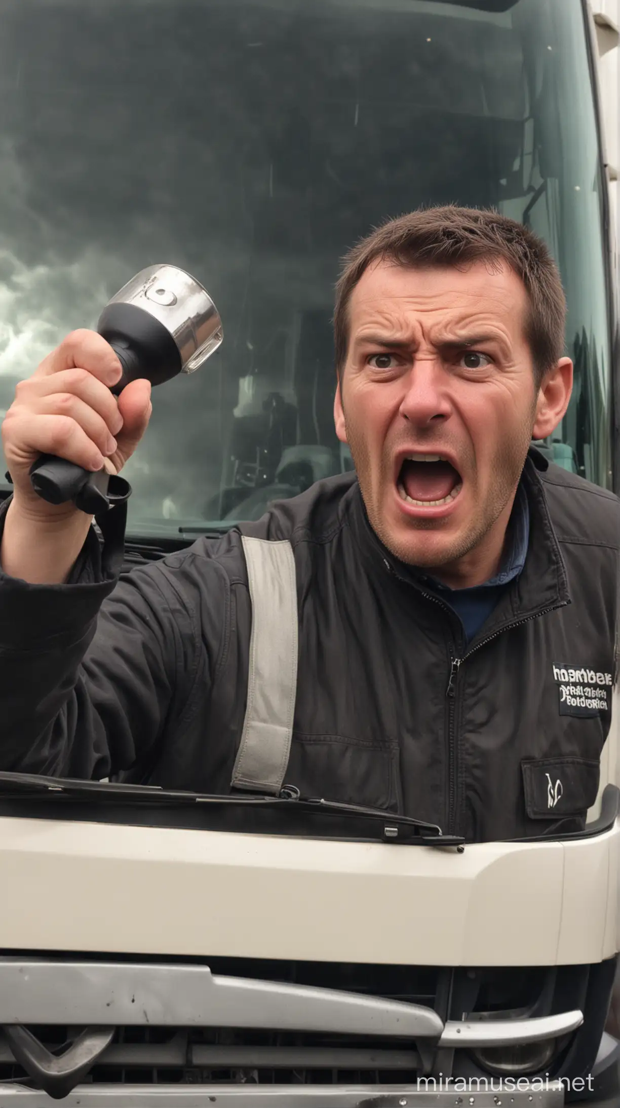 An very angry lorry driver swears and holds an electric torch that is shining to the camera