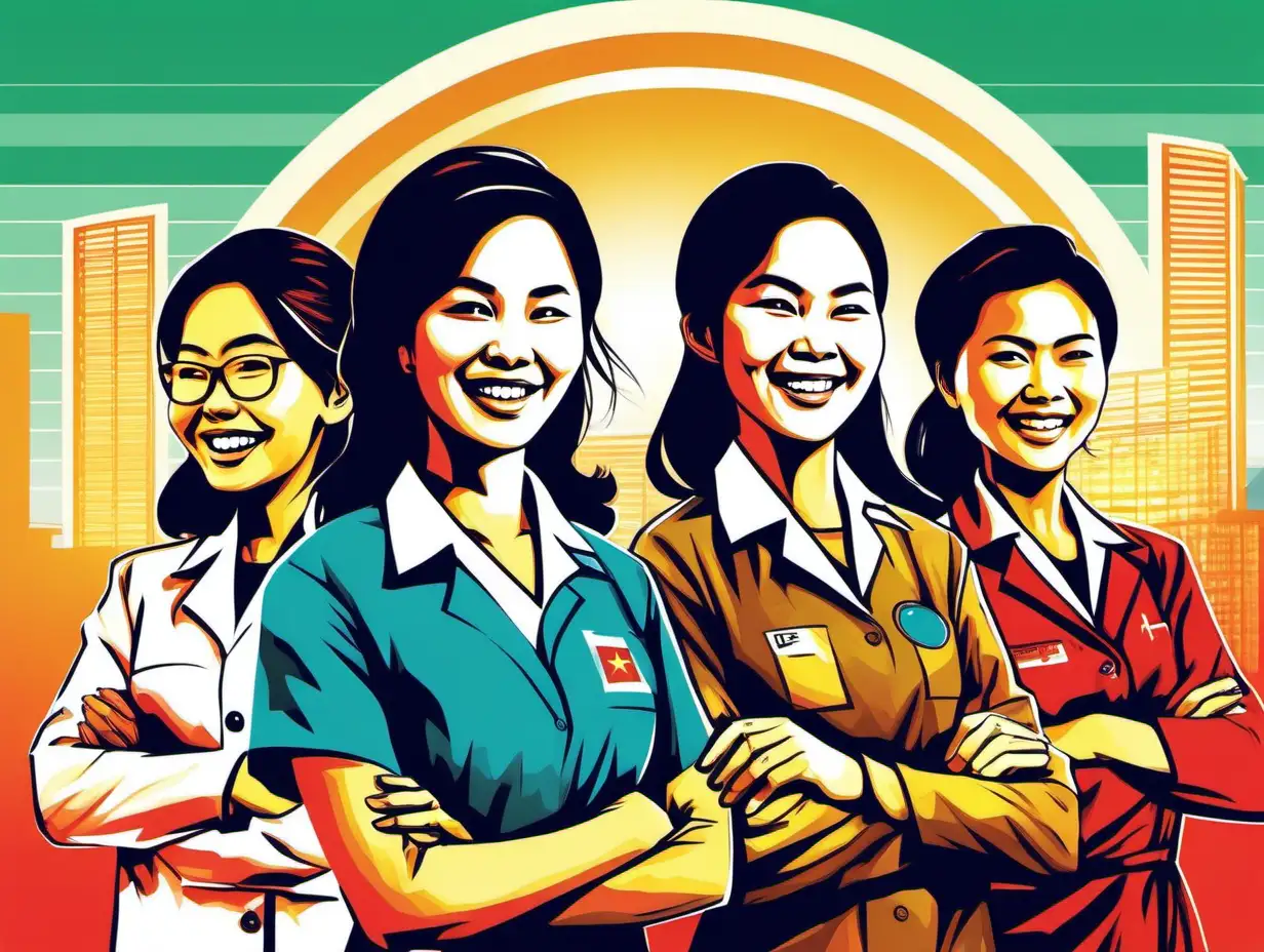 vietnamese poster that shows a female teacher, an engineer, a female doctor, happily, with citiscape in the background, using flat vibrant colors with minimal shading, promoting socialist values