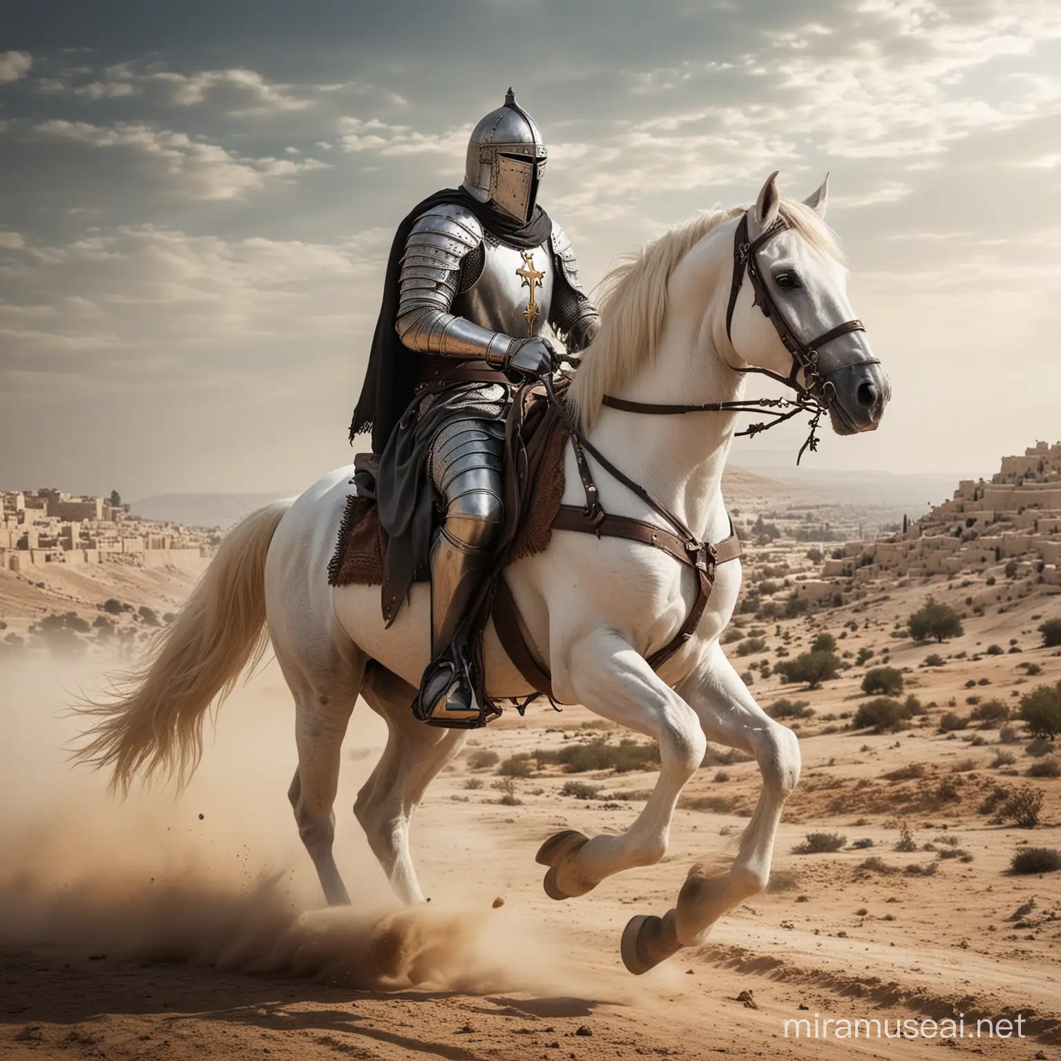 black cross crusader knight riding a white horse into battle. Out in a desert in Jerusalem 