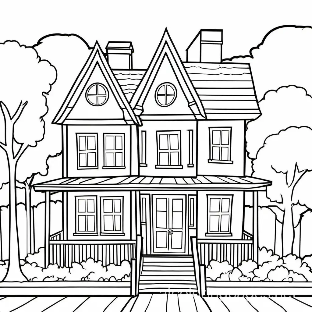 Draw a more detailed line art of a house with no background, Coloring Page, black and white, line art, white background, Simplicity, Ample White Space. The background of the coloring page is plain white to make it easy for young children to color within the lines. The outlines of all the subjects are easy to distinguish, making it simple for kids to color without too much difficulty